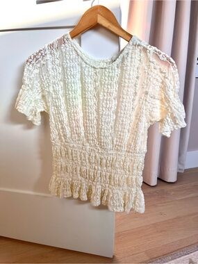 Miou Muse Ivory Lace Peplum Short-Sleeve Blouse